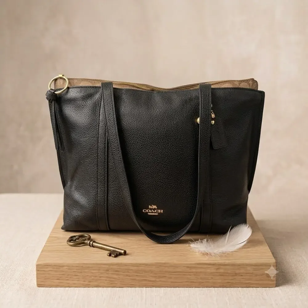 Coach May Tote in Refined Pebble Leather with Signature Canvas Detail - Black